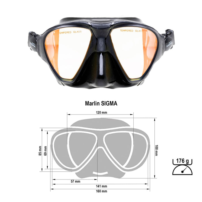 Spearfishing Mask Sigma Black Yellow-Mirrored Lenses Marlin 213638