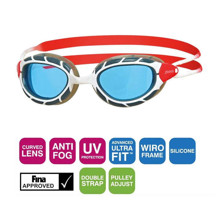 Swimming Goggles Predator White-Red Tinted-Blue Lenses Small Zoggs 461037WHRDTBLS