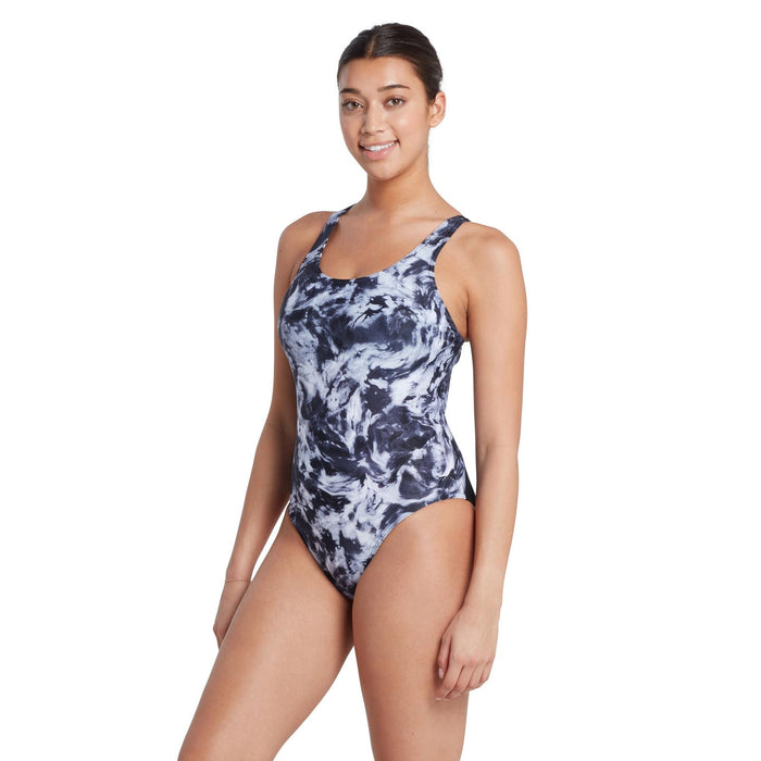One Piece Swimsuit Marble Powerback Women Black-White Size 38-L Zoggs 462569BK38