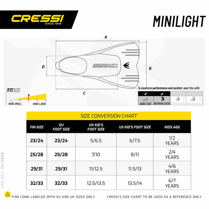 Snorkeling and Swimming Fins Light Kids Yellow EU 25-28-UK 7,5-10,5 Cressi DP301025